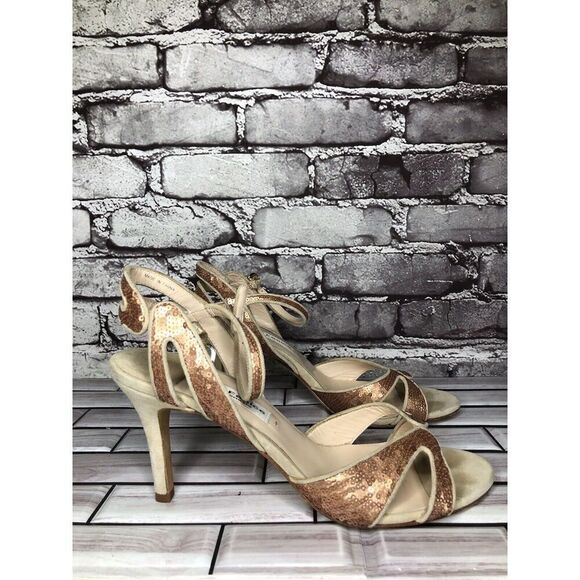 La Fenice Venezia Rose Pink Sequin Beige Suede Open Toe Heels Women Sz 10M US/41 - Picture 3 of 16